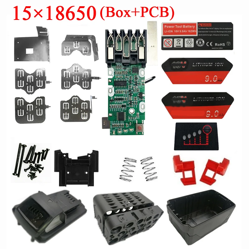 Caja de plástico para batería de iones de litio M18, placa de circuito de protección de carga PCB, caja de carcasa para carcasas Milwaukee de 18V y 9,0Ah, etiqueta adhesiva