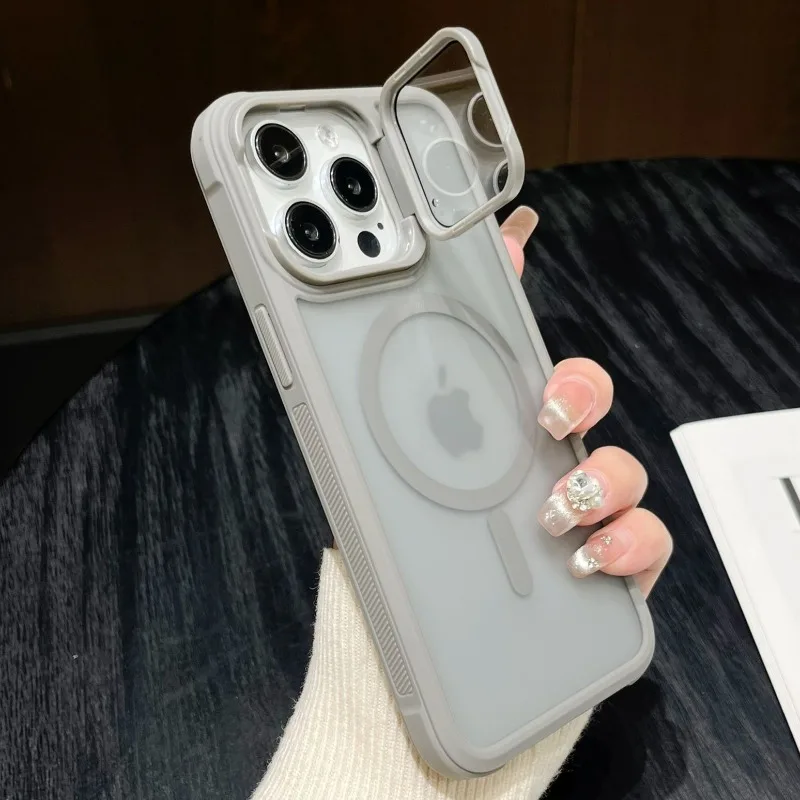 Funda de teléfono magnética con soporte de lujo para iPhone 16 15 14 Plus 13 12 11 16 Pro Max con cubierta protectora de lente para Magsafe