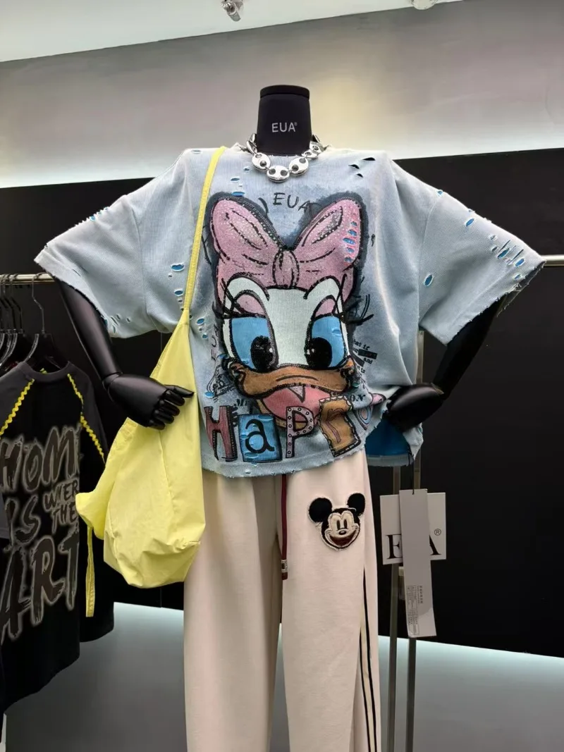 Spring 2025 New Light Blue Tshirts Loose Heavy Industry Nostalgic Short Sleeves T-Shirt Top Women's Casual Y2k Tees Pullovers