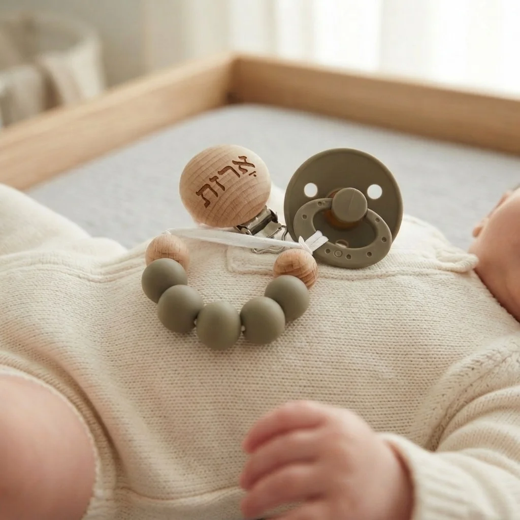 Newborn Silicone Hebrew Monochrome Bead Wood Personalized Pacifier Clip Name Wooden Beads Teether Pacifier Holder Chain Gift ﻿