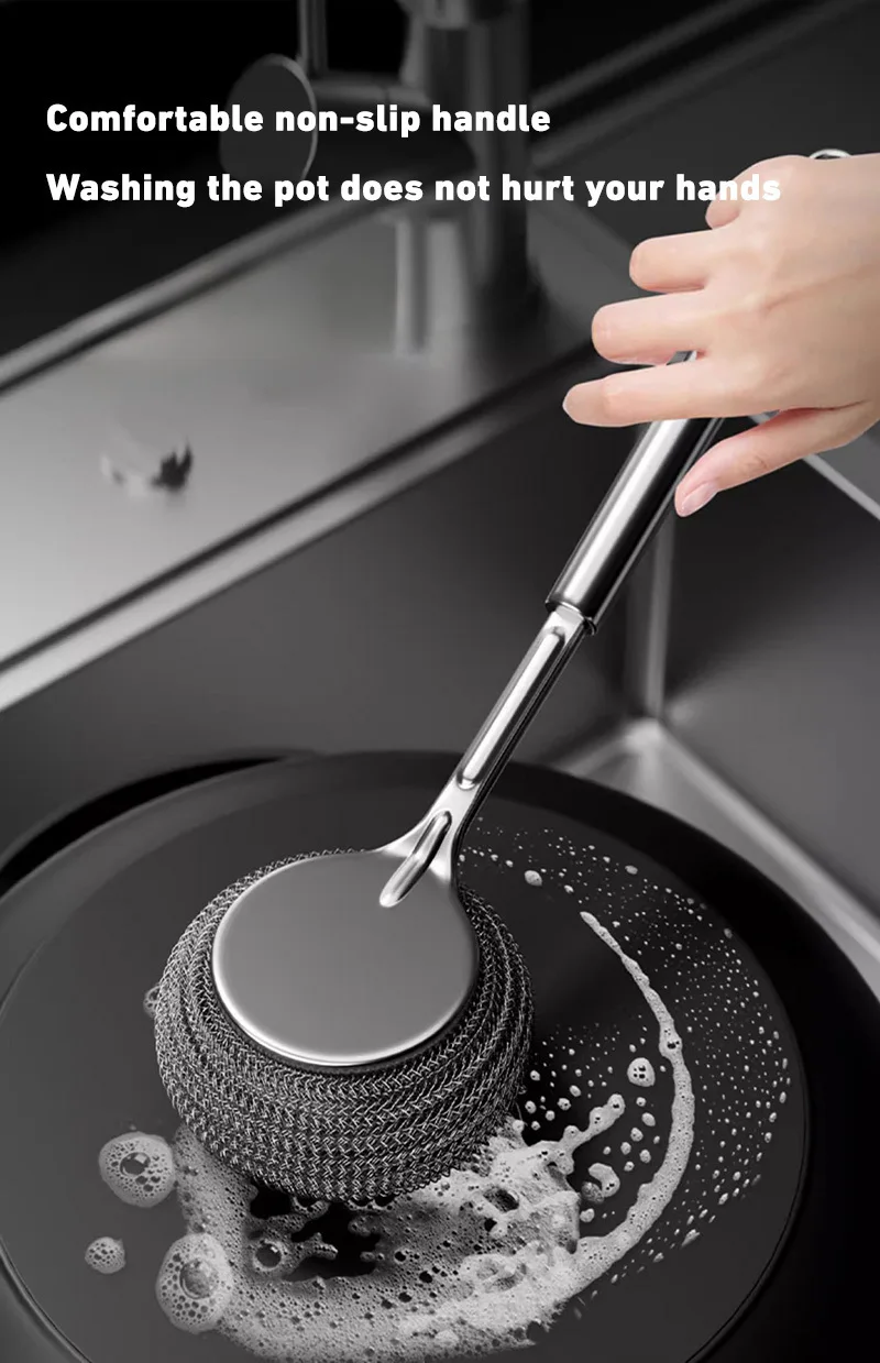 1pc Stainless Steel Pot With Handle Long Brush Kitchen Specific Washing Pot Steel Wire Ball