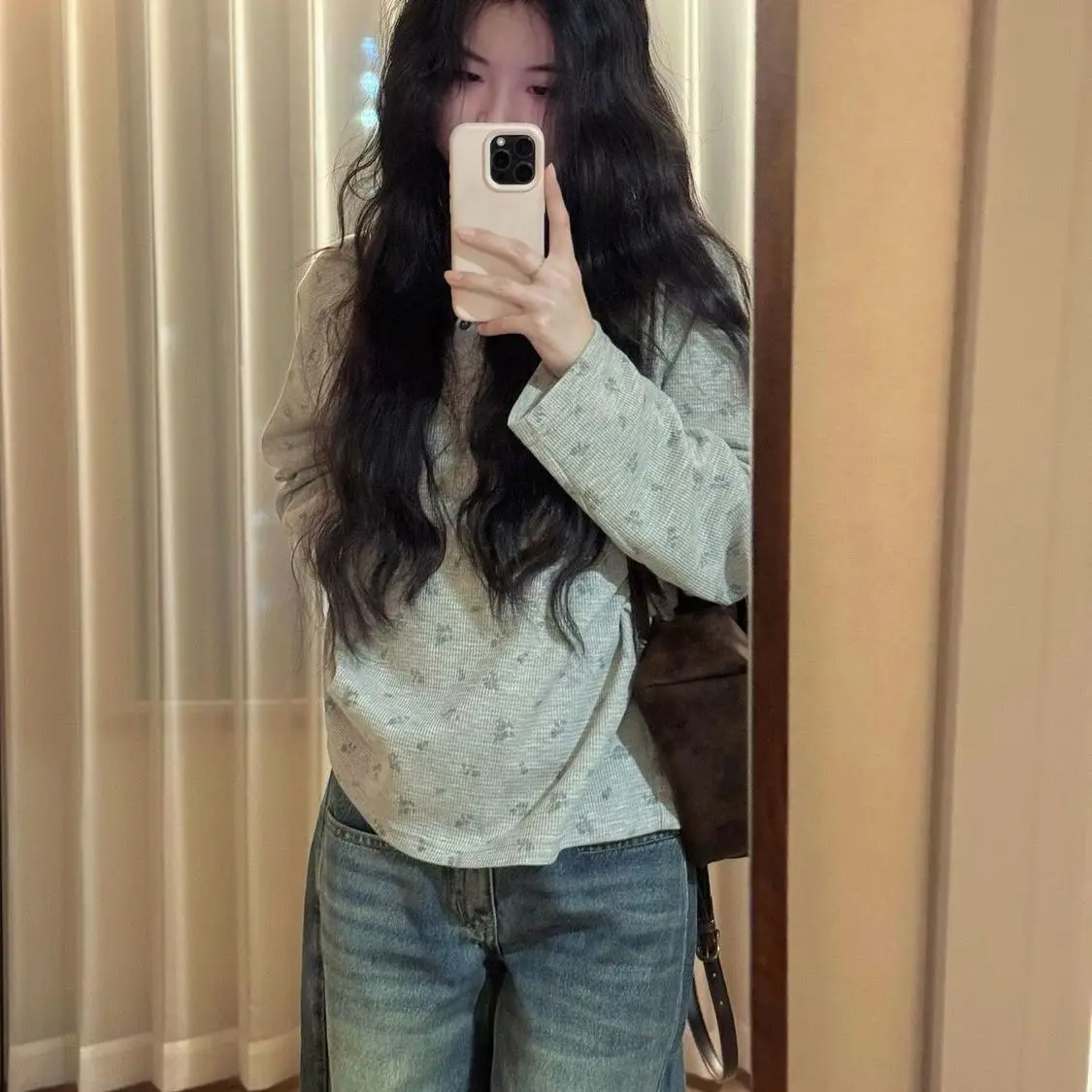 미국 Y2K 롱 슬리브 버튼 라운드 넥 티셔츠 루즈핏 가을 한국 스타일 여성용 레이지 슬리 플로럴 프린트