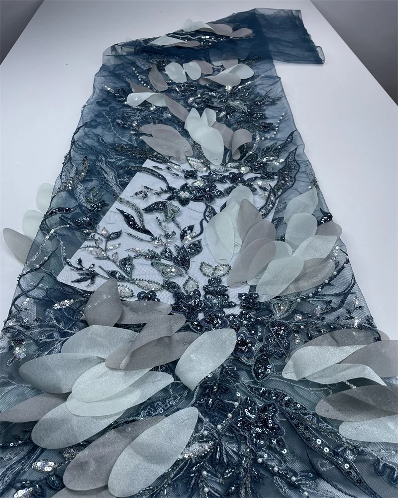 African 3D Flower Lace Fabric 5 Yards High Quality Beaded Embroidery Lace Fabrics Sequence Tulle Lace For Wedding Party Dress