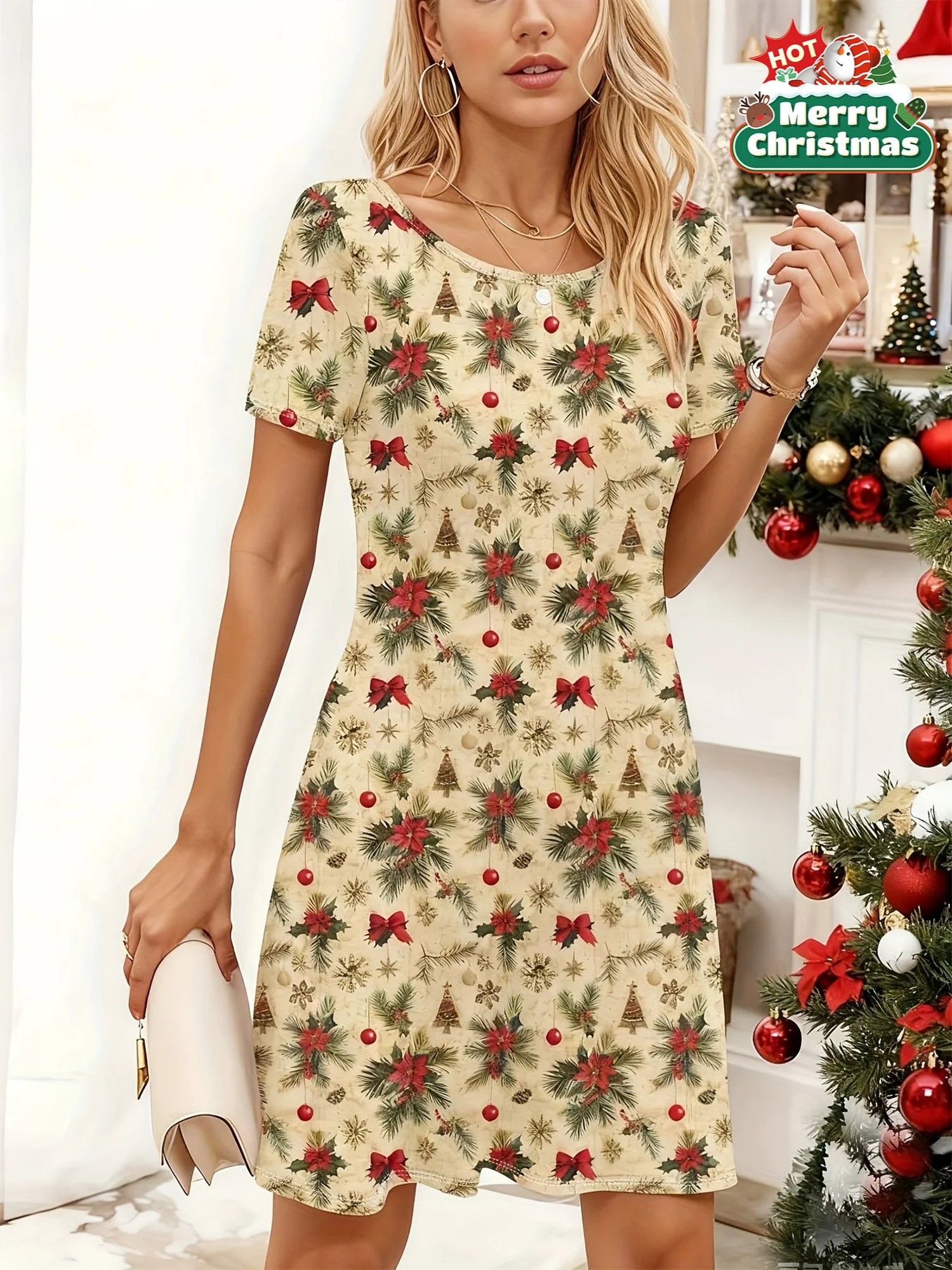 Damen Kurzarmkleid Weihnachtskostüm Lässiges A-Linie Urlaub Partykleid mit Rundhalsausschnitt Y2k Kleidung Damenbekleidung Tops