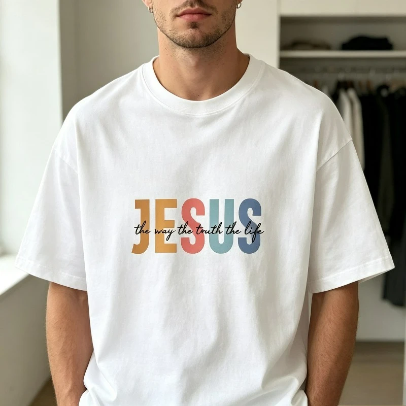 JESUS Color Letter Print Men T-Shirt 100% Cotton The Way Truth Life Faith Quote Graphic Casual Streetwear Weekend Hangout Top