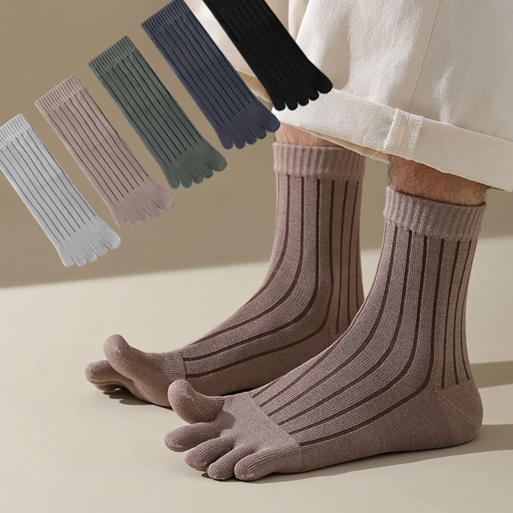 Men's Five Toed Socks Striped Mid Tube Cotton Socks Business Sweat-absorbing Deodorant Split Toes Warm Five Fingers Crew Socks