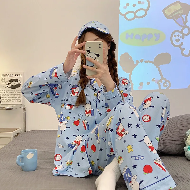 Sanrio Anime Kawaii Pochacco Pajamas Women Spring And Autumn Long-Sleeved Trousers Cartoon Japanese Household Clothes Two Sets