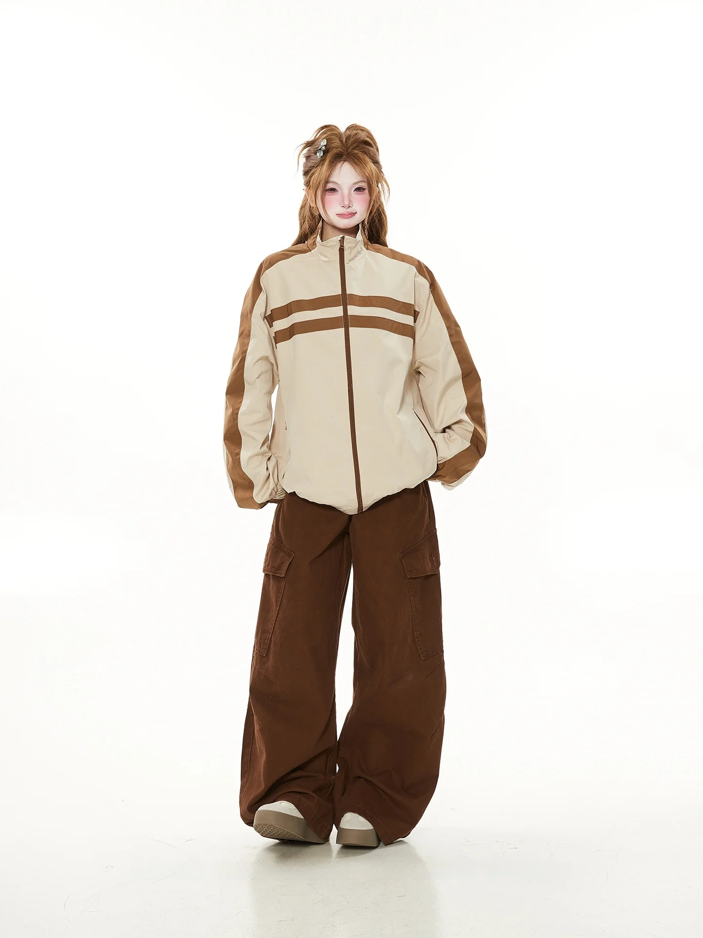 

Retro American Casual Sportswear Jaet Women's Spring Autumn Loose Couple Outerwear Trendy Stand Collar Patchwork Color Blo