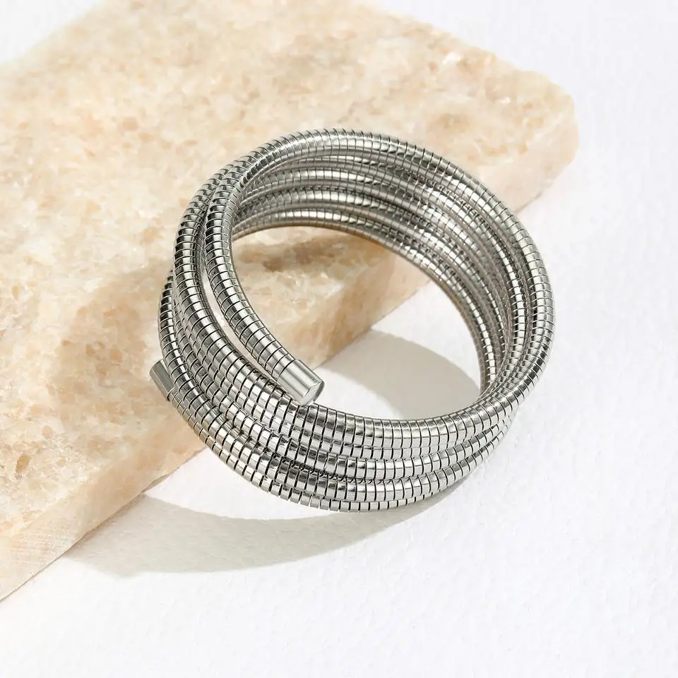 UILZ Multi-layer Coiled Stainless Steel Bracelet Minimalist Spring Stackable Wristband For Women Daily Wear Jewelry
