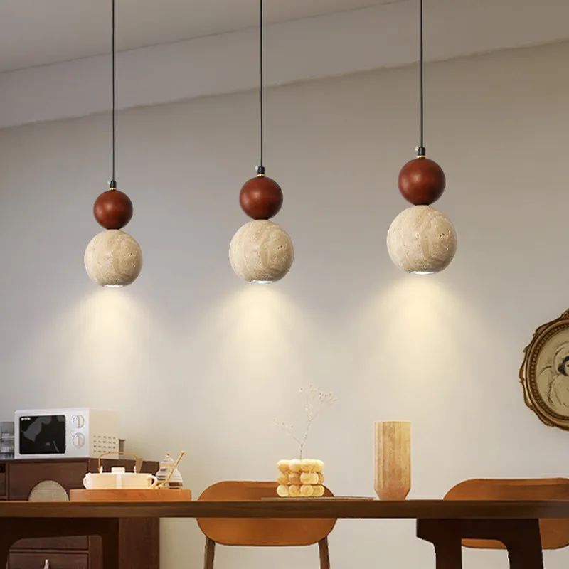 Vintage Wabi Sabi Wooden Ball Travertine Stone Pendant Light Spheres Hanging Lamp Japanese Bedroom Bedside Decorative Chandelier