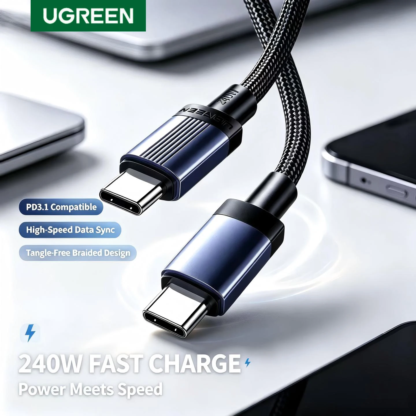 Кабель UGREEN Type-C - Type-C, 1м/2м, 240W PD, быстрая зарядка, передача данных 100W, для Apple iPhone, iPad, Macbook, Android, USB-C, плетеный.