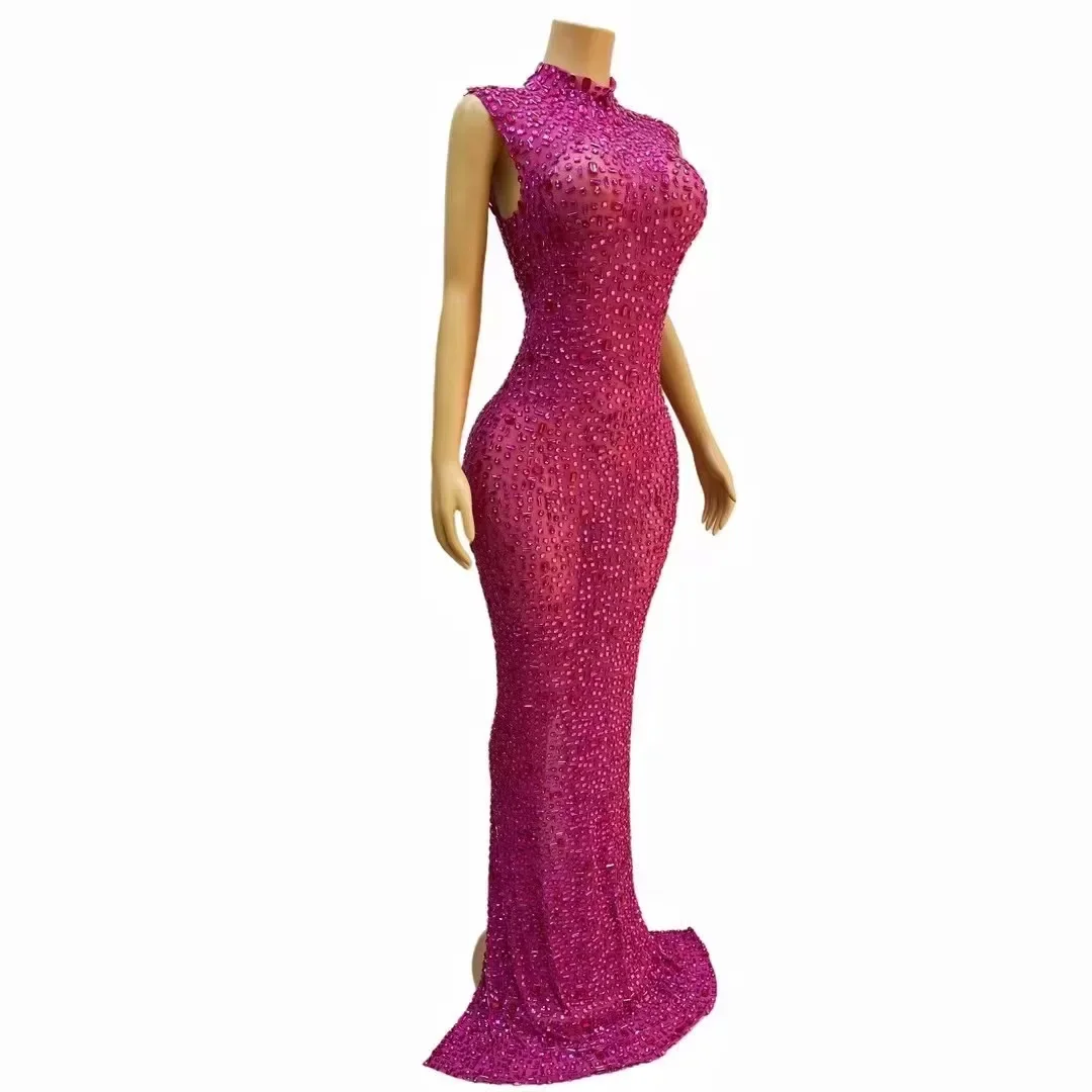 Women Sexy Mesh Celebrate Evening Prom Birthday Dress Photo Shoot Wear Sparkly Diamonds Sleeveless Stretch Long Dress