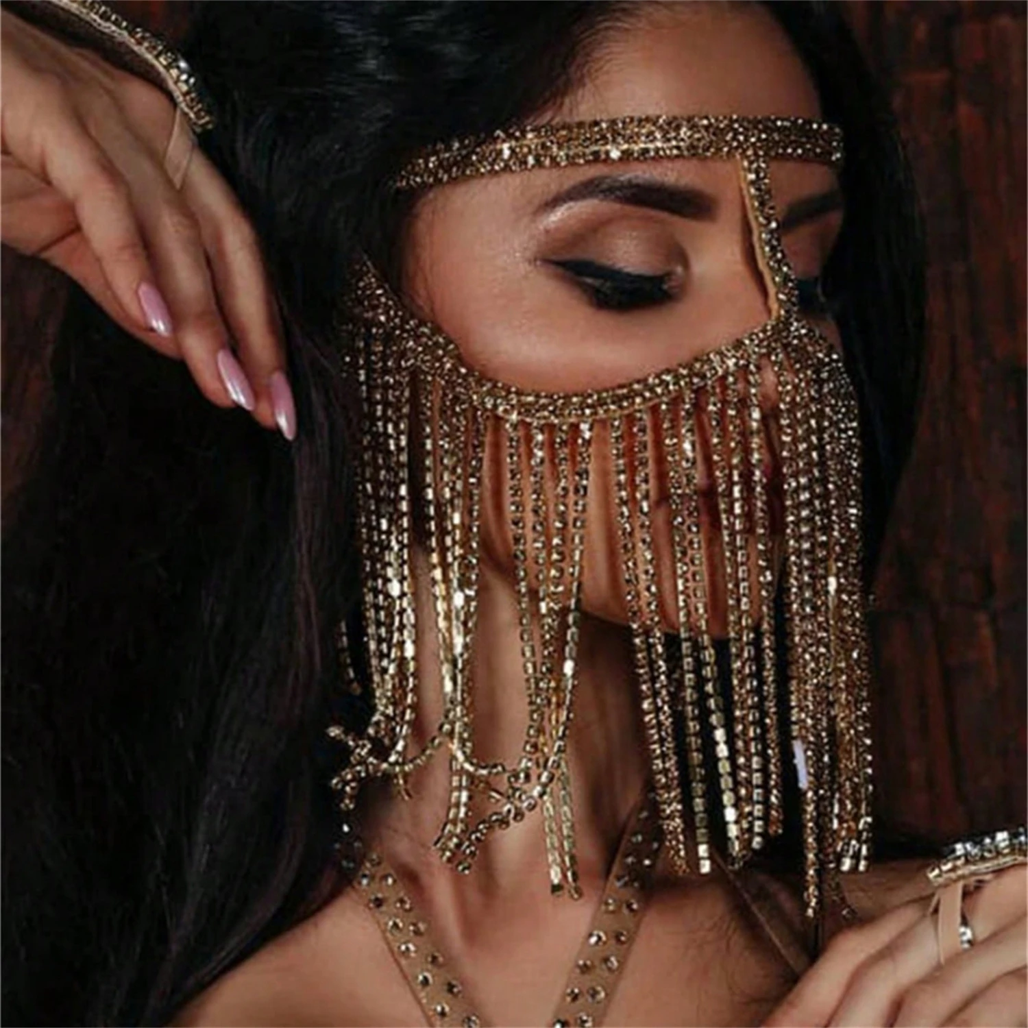 Gepersonaliseerde klauwketting lange kwast strass masker banketfeest nachtclub acteren masker festival gezichtsaccessoires