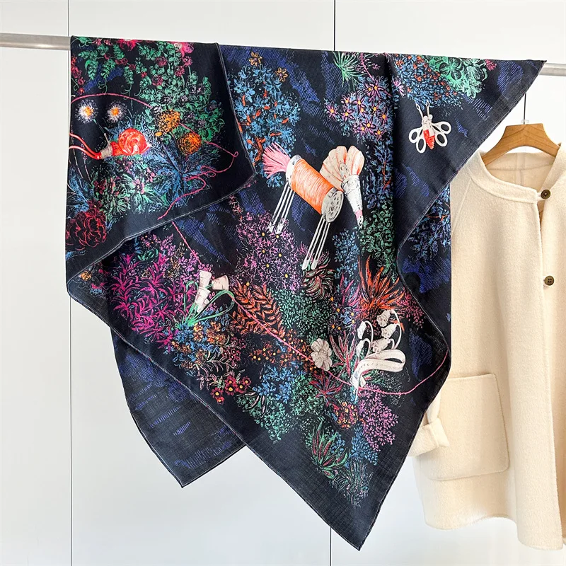 Blue Silk Wool Scarf 135cm Luxury Designer Pashmina Square Winter Hand-Rolled Shawls for Women Stole Head Hair Accessories