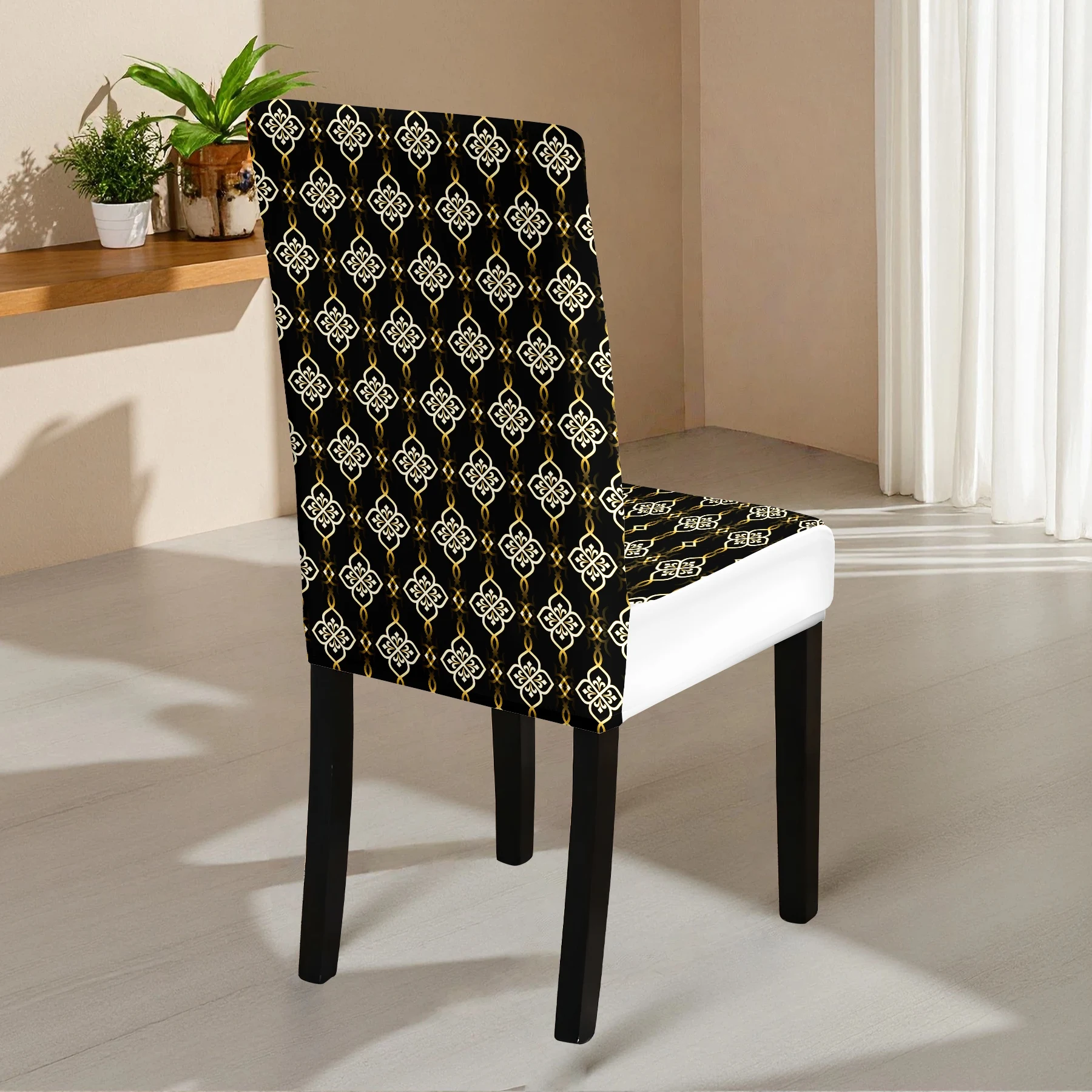 2024 New Elastic Stretch Dining Chair Cover, Black with Gold Pattern, Washable & Non - Fading, All - inc