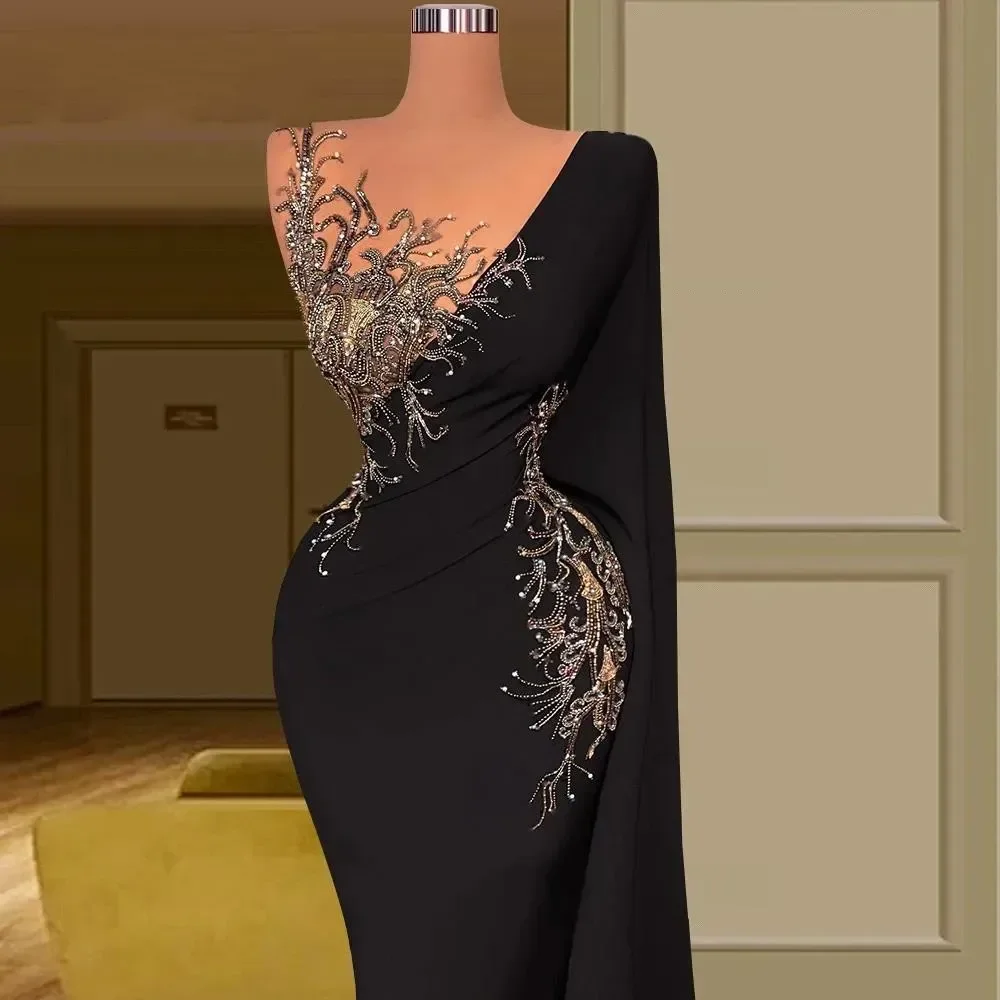 Customized Elegant Black Long Sleeve Evening Dresses Sexy Mermaid Sheer Neck Embroidery Appliques Pleats Long Formal Prom Dress