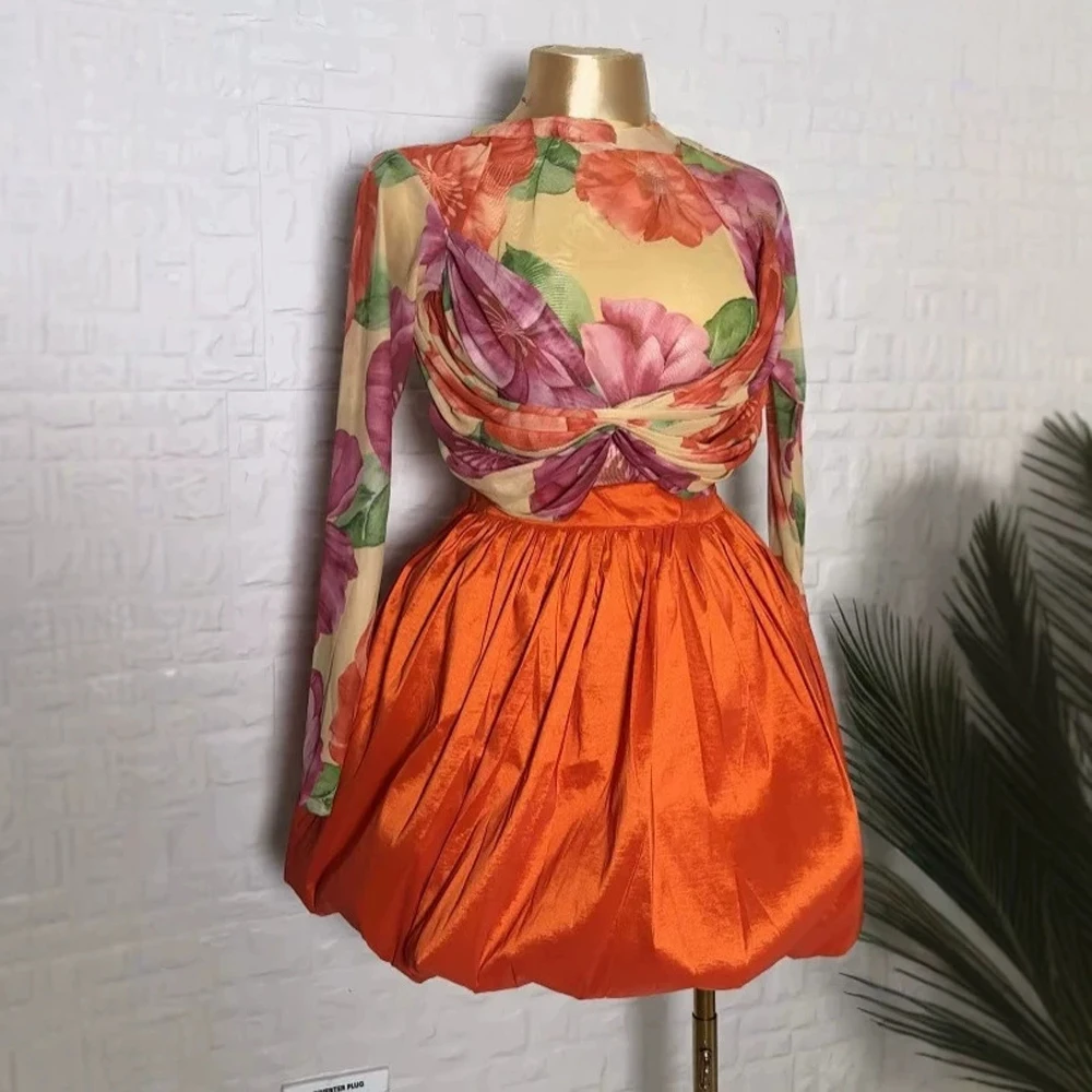 JENYAGE Damen Sexy Blumen-Netzstoff-Oberteil mit Stehkragen und langen Ärmeln + Korallenfarbener, voluminöser Minirock, zweiteiliges Abend-Party-Set – Detail 6