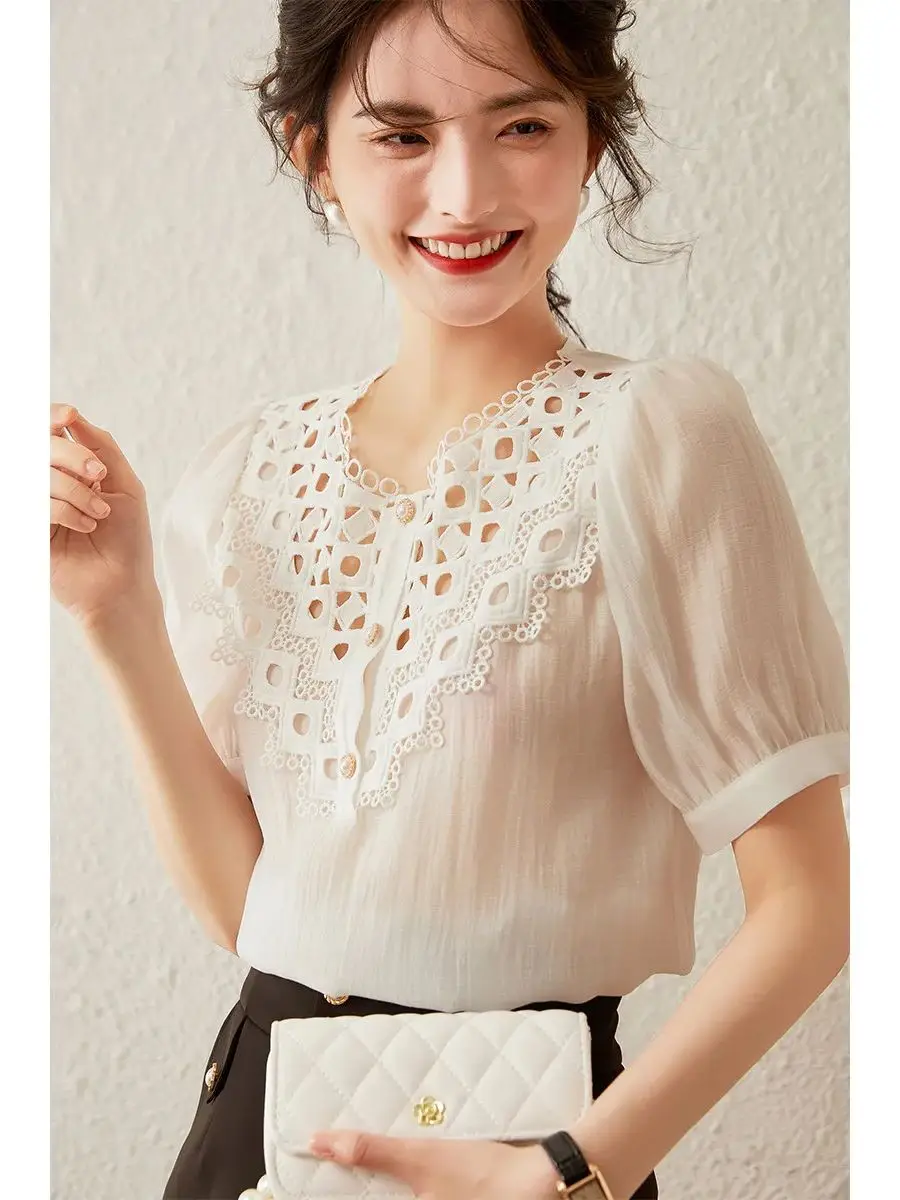 LOUIS YAO Women Shirt 2024 Summer New Lace Hollow Out Sweat Elegant Short Sleeve Retro Loose Blouses Women's Top