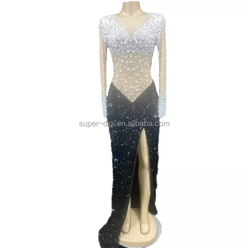 Dress 2022 Women pearls Formal white black party show  Sparkly Diamond Mesh Top Dress Elegant  Birthday dress