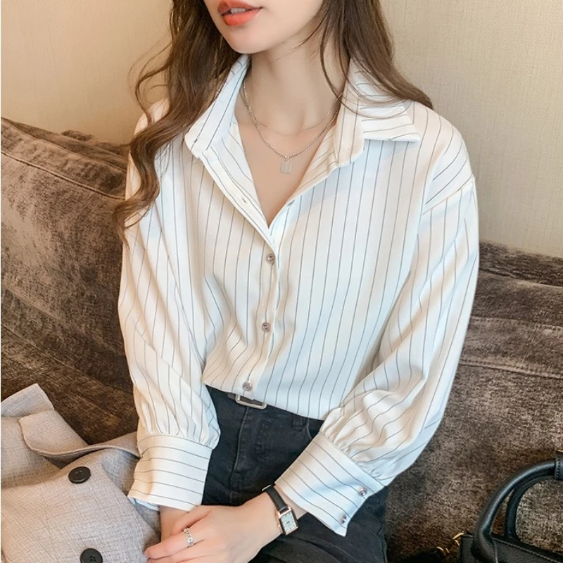 Camicia a righe da donna primavera estate vintage chic allentata manica lunga top da ufficio moda donna casual camicetta con colletto rovesciato