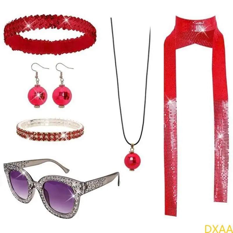 DXAA 60S 70S 80S Disco Accessoires Halloween Kostüm Schmuck Sonnenbrillen Pailletten Kopfbandkugel Ohrringe Neacklace Brabänder