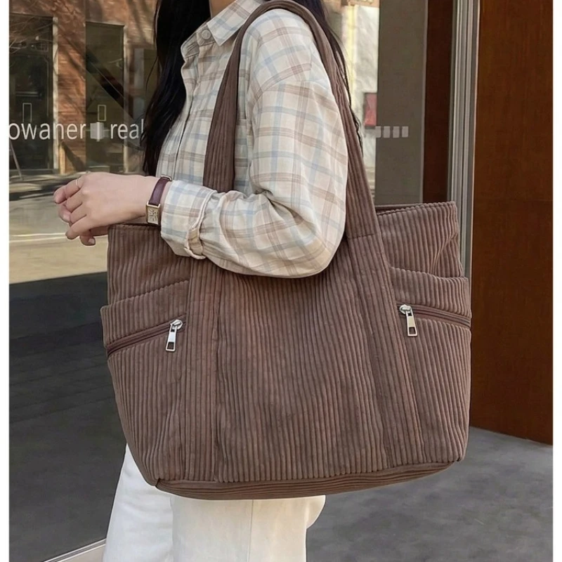 

Corduroy Big Korean Shoulder Bag for Women 2026 Girl Handbags Large Student Tote Book Bag Canvas Fashion Female Shoppers