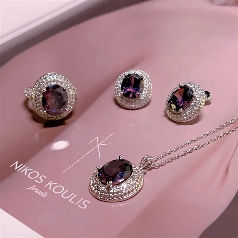 Romantic Violet Jewelry Sets Exquisite Diamond Inlay Sparkling Earrings Necklace Ring Elegant Banquet Style Accessories