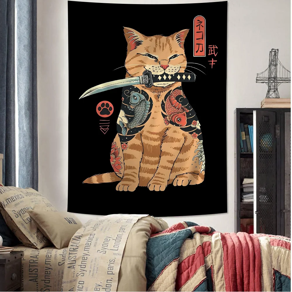 

Japan Samurai Cat Hippie Wall Hanging Tapestries Art Science Fiction Room Home Decor Kawaii Room Decor