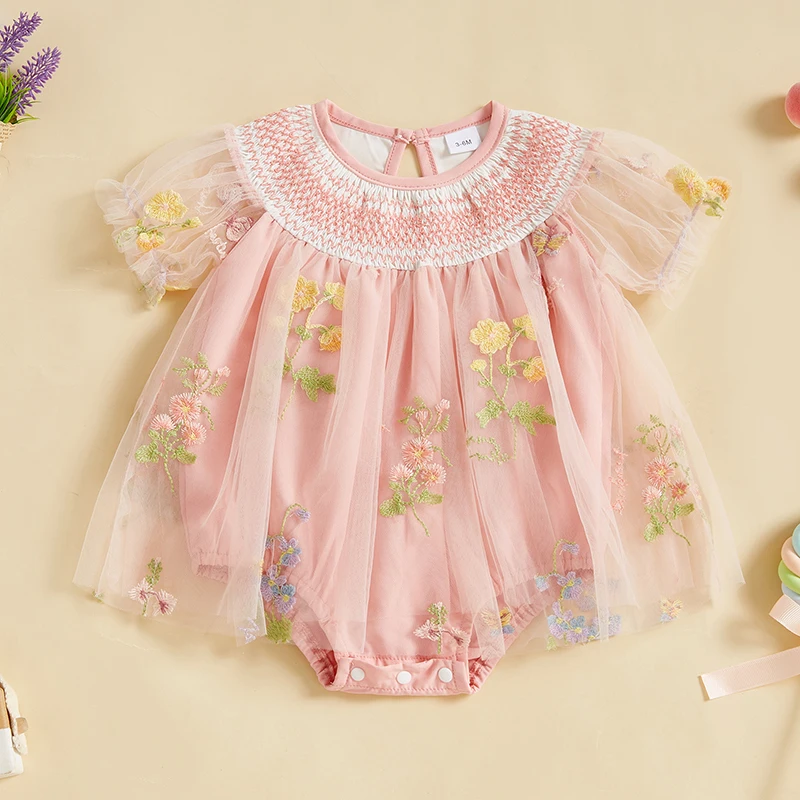 Summer Baby Rompers Dress Baby Flower Embroidery Patchwork Mesh Romper Baby Girls Short Sleeve Jumpsuit Newborn Clothes