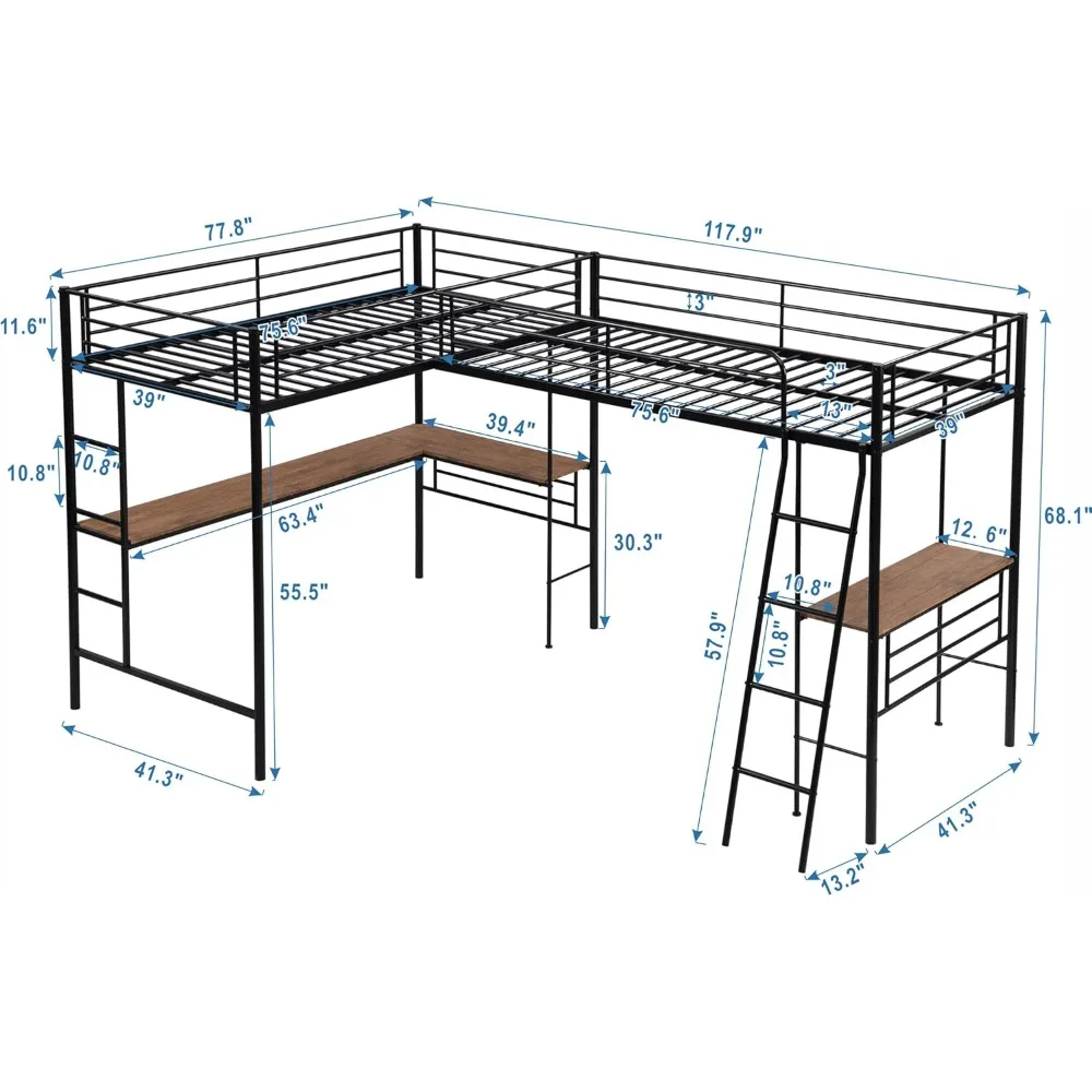 Double Twin Size Loft Beds, Metal L-Shaped Loft Bed Frame with Two Desk Underneath for 2 Kids Boys Girls Teens, Black