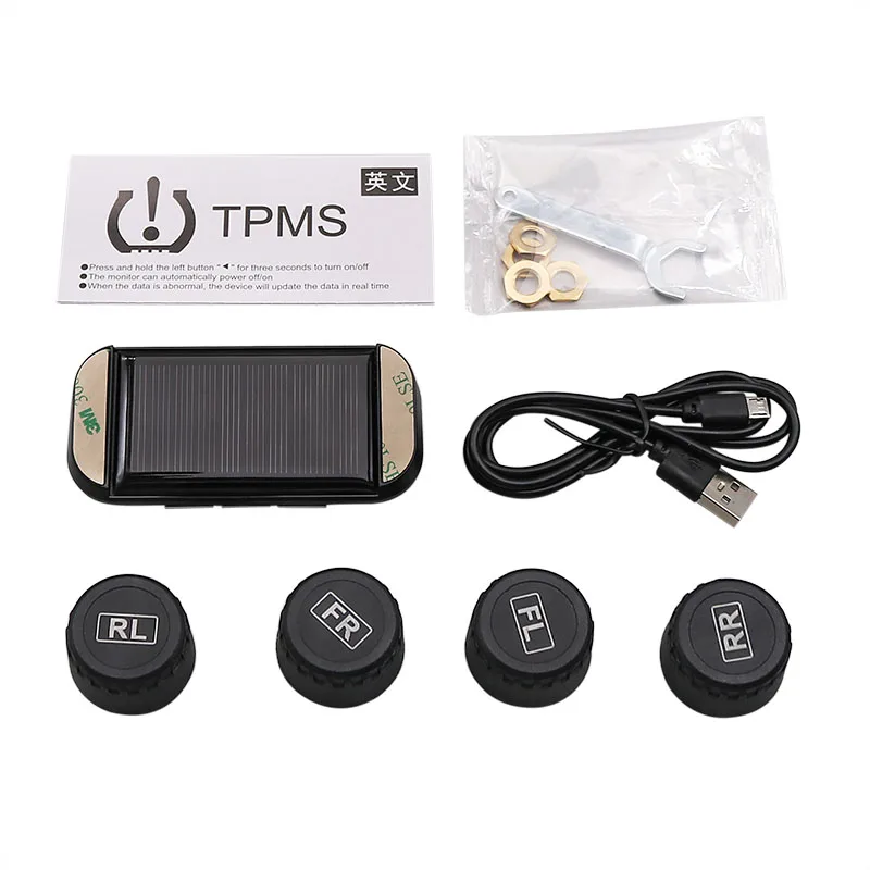 Solar Car TPMS Tire Pressure Alarm Monitor System 4 External Sensors Temperature Warning Fuel Save