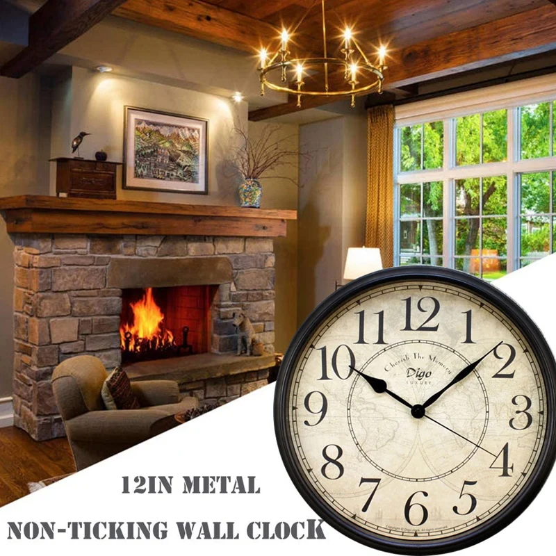 Digo Wall Clock 15 Inch Metal Silent Non-Ticking Battery Quartz Retro Digital Clocks Decor Table Dial For Home Room