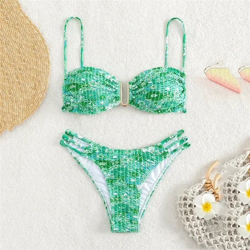 Costumi da bagno arricciati con stampa floreale costume da bagno a fascia con volant da donna bikini Set Mujer costume da bagno Sexy con stringhe Biquinis Beachwear Swim