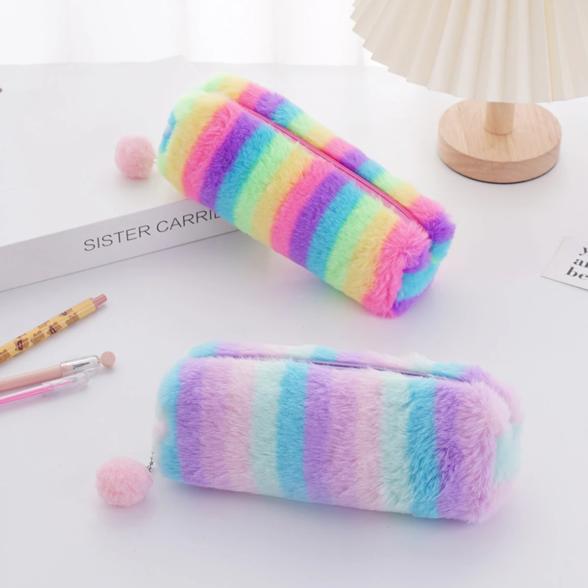 Estojo de Lápis Listrado Colorido, Cores de Arco-Íris Fofas, Bolsa de Armazenamento Portátil, para Estudo e Escritório, Organizador de Material Escolar para Presente de Meninas