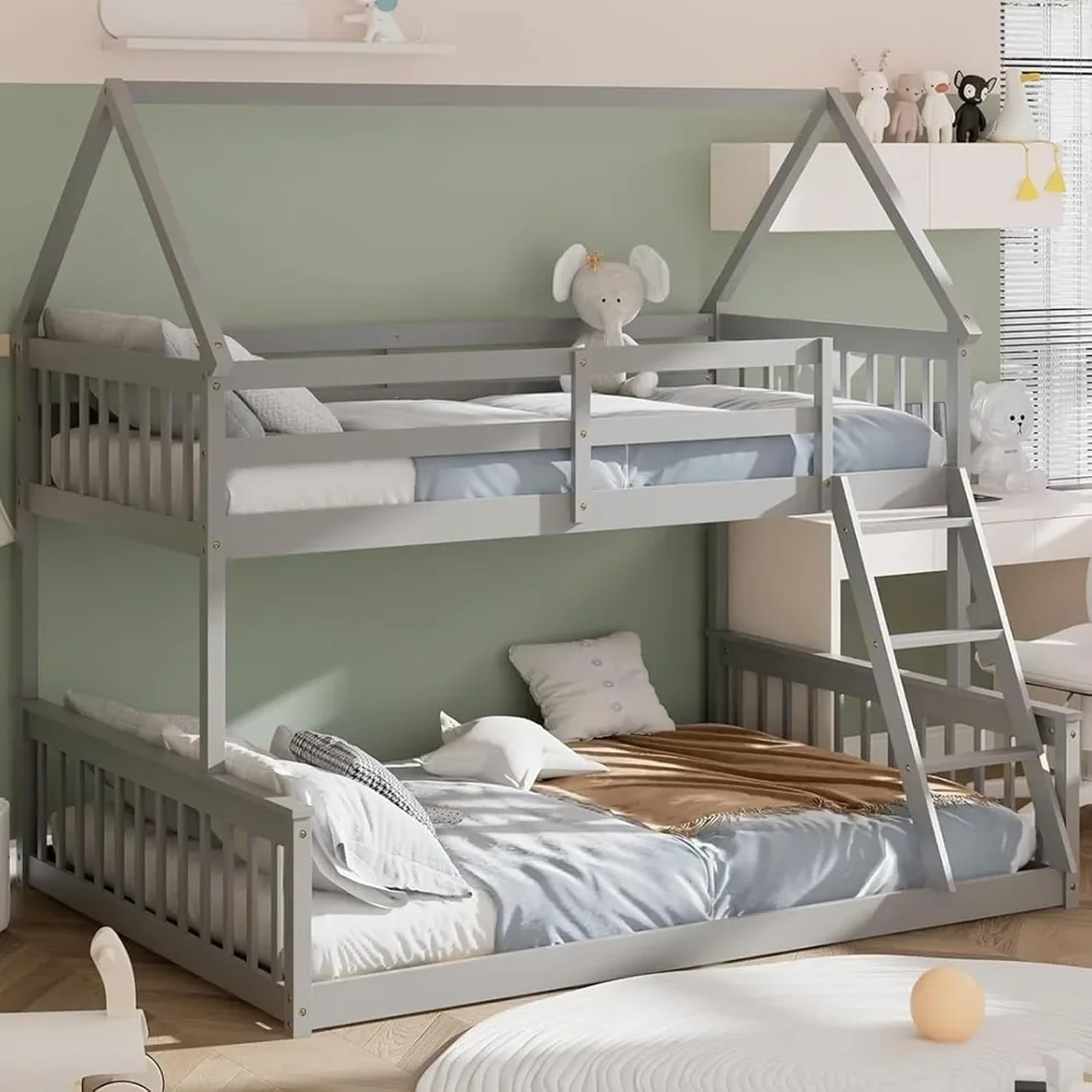 Twin Over Bed, Solid Wood House Bed Frame Built in Ladder & Safety Guardrails, for Kids Teens, No Box Spring Needed, Bunk Beds