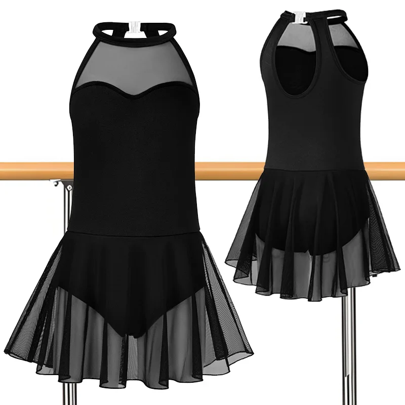 Ärmelloses Neckholder-Kleid für Mädchen, Ballett-Tanz-Trikots für Kinder, Gymnastik-Tanzröcke mit Wassertropfen-Rücken und weichem Futter