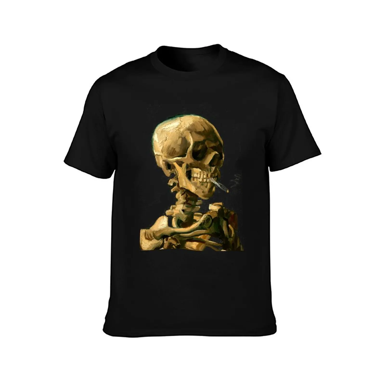 Skull of a Skeleton with Burning Cigarette (Kop van een skelet met brandende sigaret) T-Shirt Summer Casual Cotton Tee