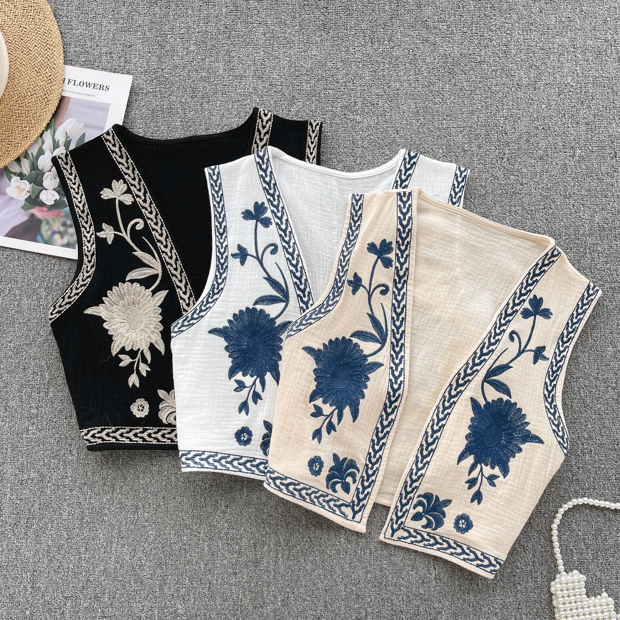 Vintage Floral Embroidery Cardigan Vest Women 2023 Summer New