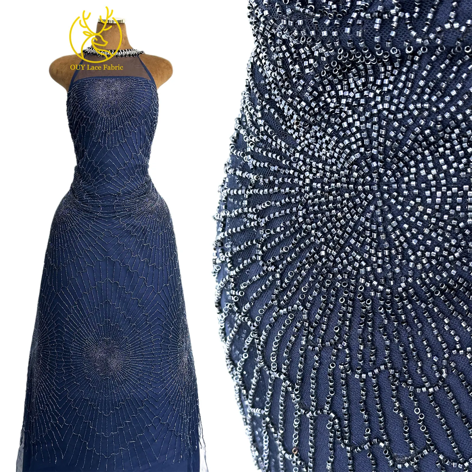 Luxuriöser afrikanischer, stark perlenbesetzter Spitzenstoff, goldene nigerianische Perlen-Spitze, französischer Tüll-Spitzenstoff für Brautkleider und Hochzeitskleider zum Nähen – Detail 9