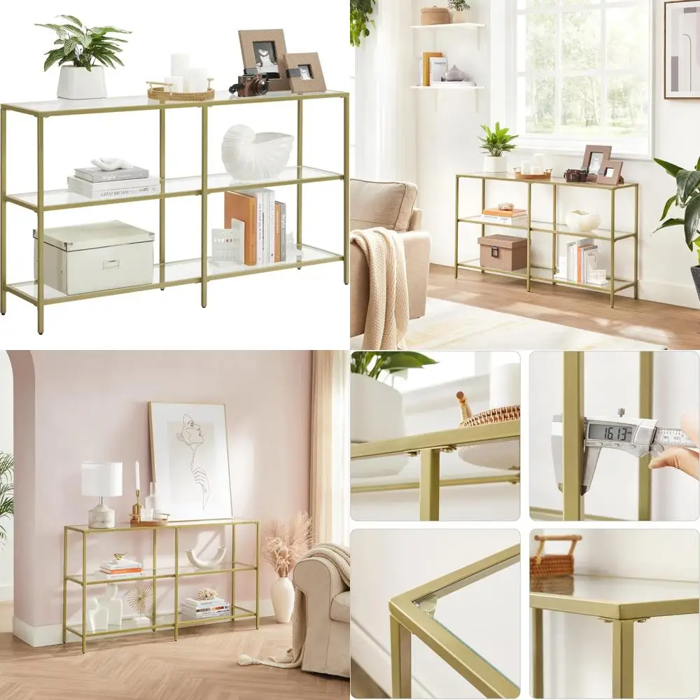 

Современный консольный столик для прихожей 51,2 дюйма с 3 полками из закаленного стекла, металлическим каркасом, приставной столик для дивана для современных гостиных