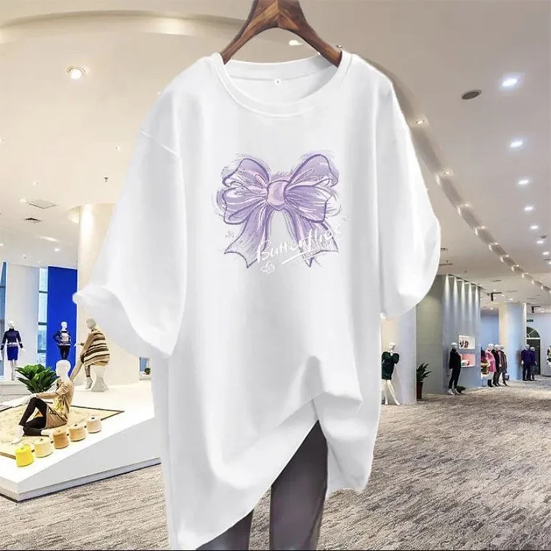 

Women Loose Pure Cotton Pullover Lady Chic Purple Bow Printed Tops Summer Short Sleeve Simple Casual O-neck Basics T-shirt