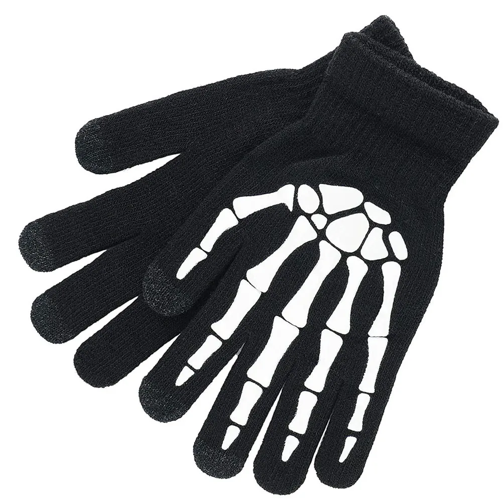 

1 Pair Gloves Skull Bone Pattern Halloween Night Bike Riding Winter Warm Gloves Warming-Keeping Glove