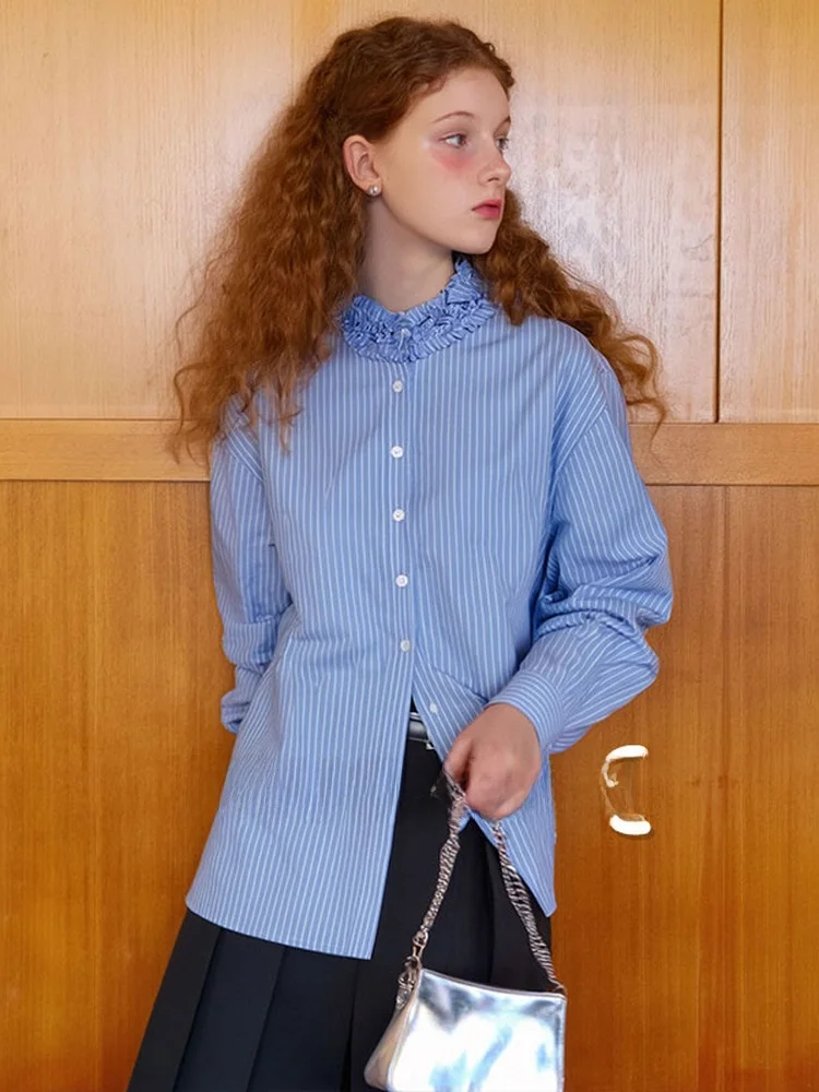 

Синий полосатый свободный длинный топ с деревянной отделкой, женский повседневный дышащий весенний топ, новинка