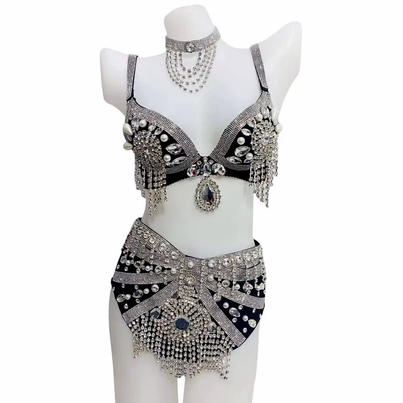 Sparkly Diamond Tassel Bikini Pole Dance Costume Women Bar Nightclub Sexy DJ Gogo Stage Wear Carnival Party Outfit Show Costume