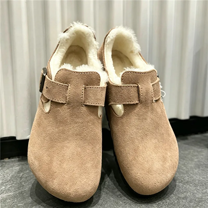 

Women Men Wool Fur Lined Cow Suede Leather Clogs Buckle Slip on Flats Mules Non-slip Low-heeled Comfort Soft Loafers Slippers