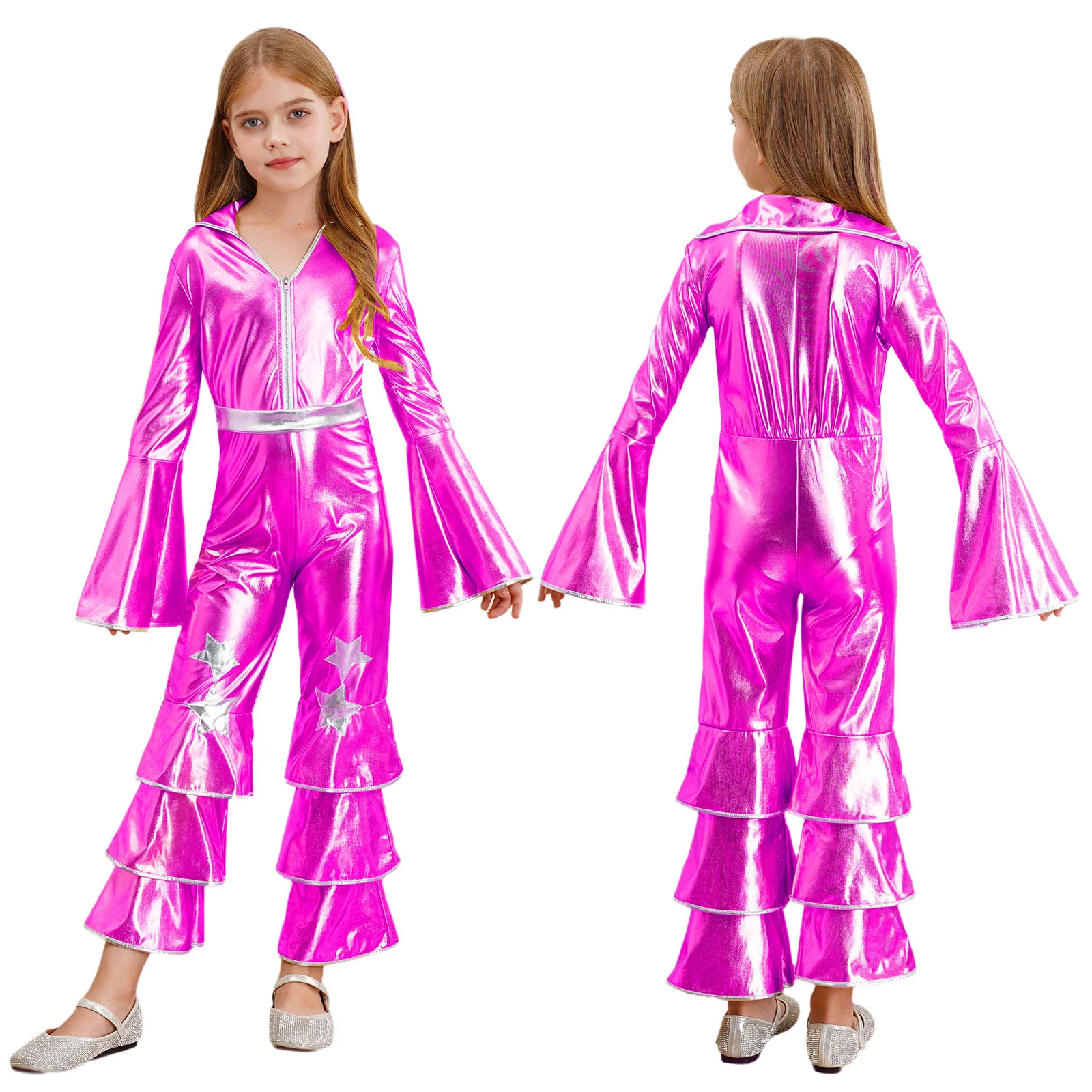 Kids Girls Vintage 70S Disco Dance Costume Flare Sleeve Metallic Shiny Bell-bottom Jumpsuit Halloween Retro Theme Party Cosplay