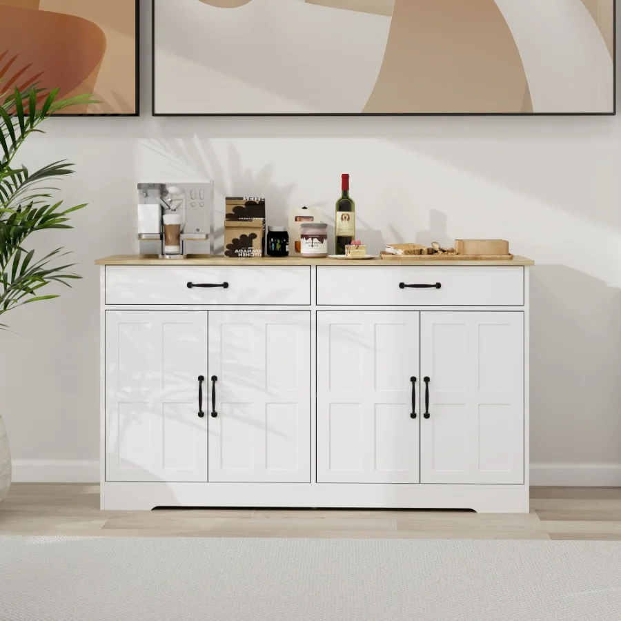 

55.91 Large Farmhouse Buffet Cabinet Storage Sideboard with 2 Drawers and 4 Doors for Dining Living Room Kitchen CupboardWhite