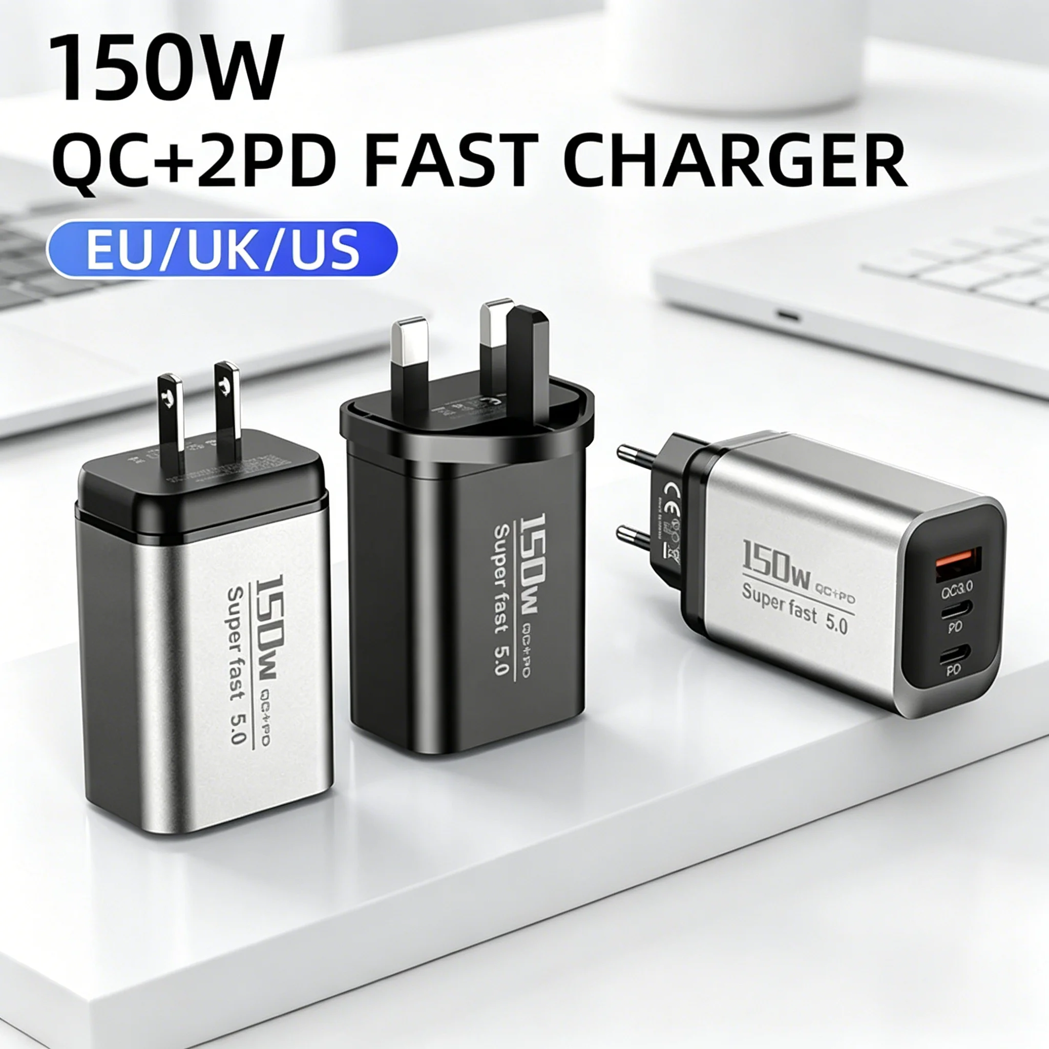 USB 150W Charger 3 Ports QC5.0 Fast Charging Mobile Phone Wall Adapter For iPhone Samsung Xiaomi EU US Plug Type C Phone Charger