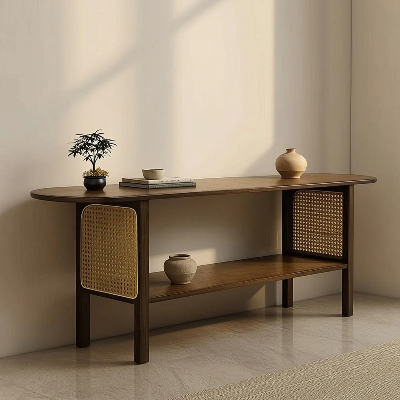 Bamboo TV Stand Boho Bamboo TV Console Console Table with Shelf Versatile Furniture Space-Saving for Living Room, Entryway