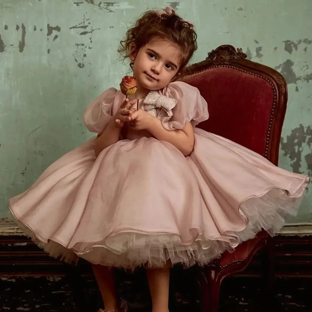 Elegant Flower Girl Dress For Wedding Tulle Puffy Knee Length Short Sleeve With Bow Child First Eucharistic Birthday Party Gown